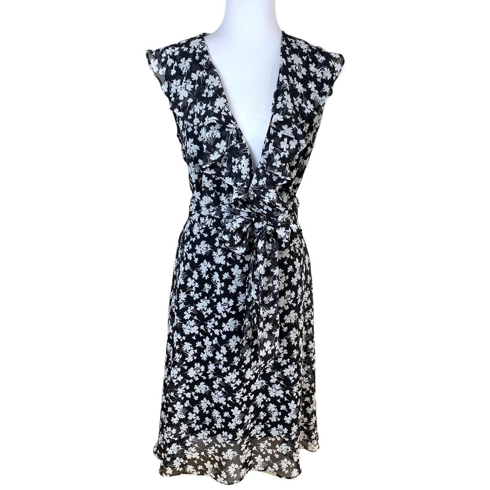 Vintage Size 12 Women's Floral Print Ruffle Dress Black White Tie Waist